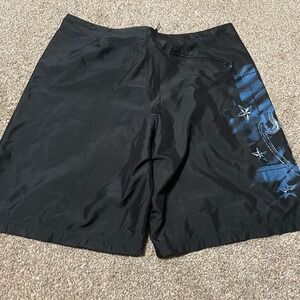 Men's Black No Fear Board Shorts Blue Graphic Print Size 40